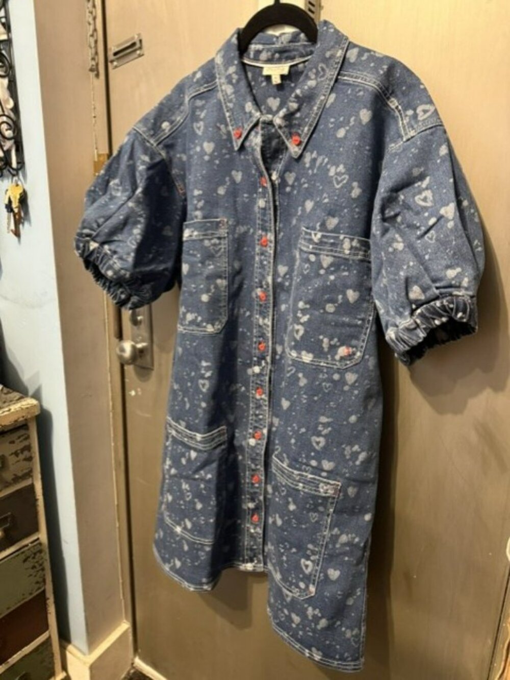 Pilcro Heart Print Denim Button-down Shift Mini Dress with Puff Sleeves - Picture 13 of 16